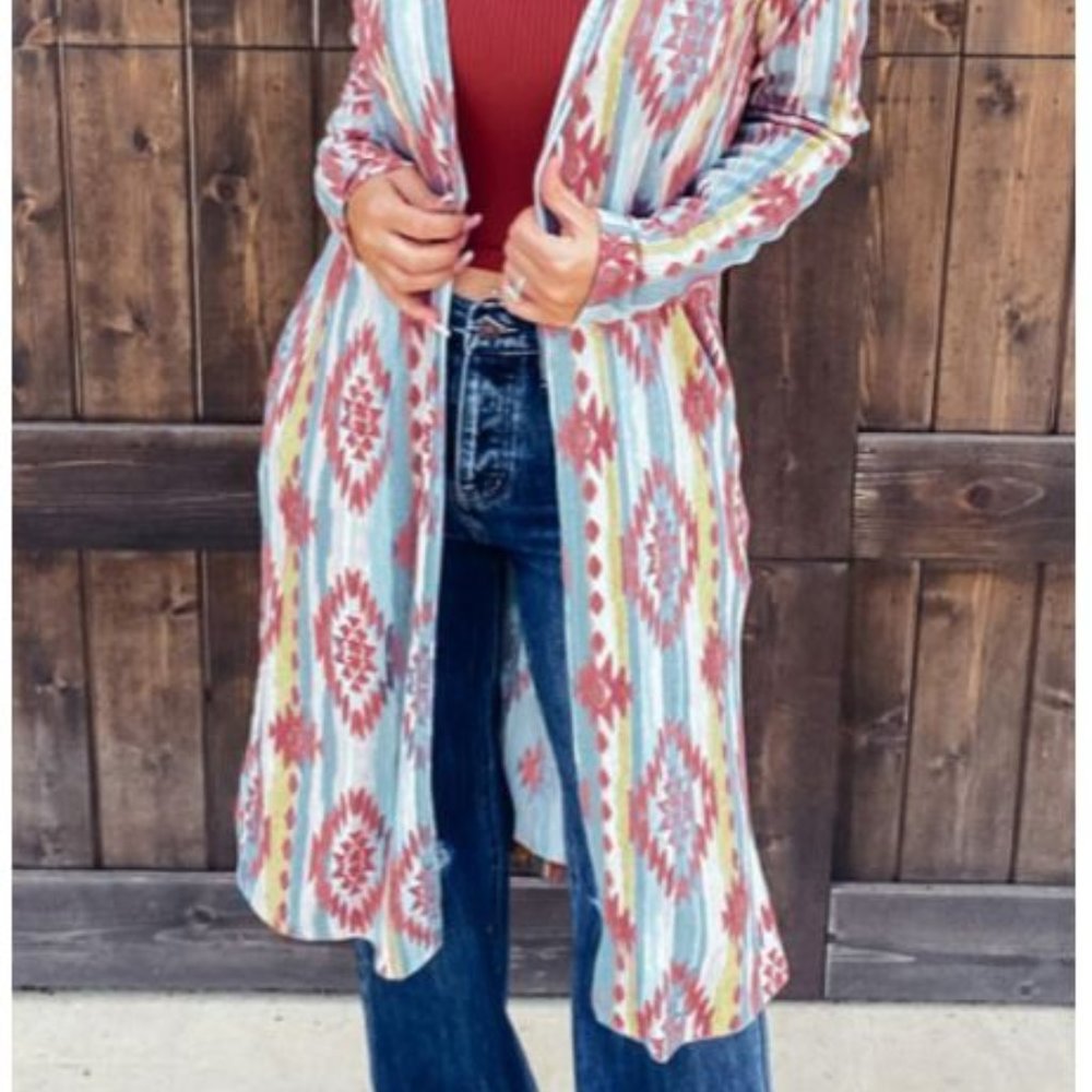 Long Open Front Aztec Cardigan - Picture 2 of 7